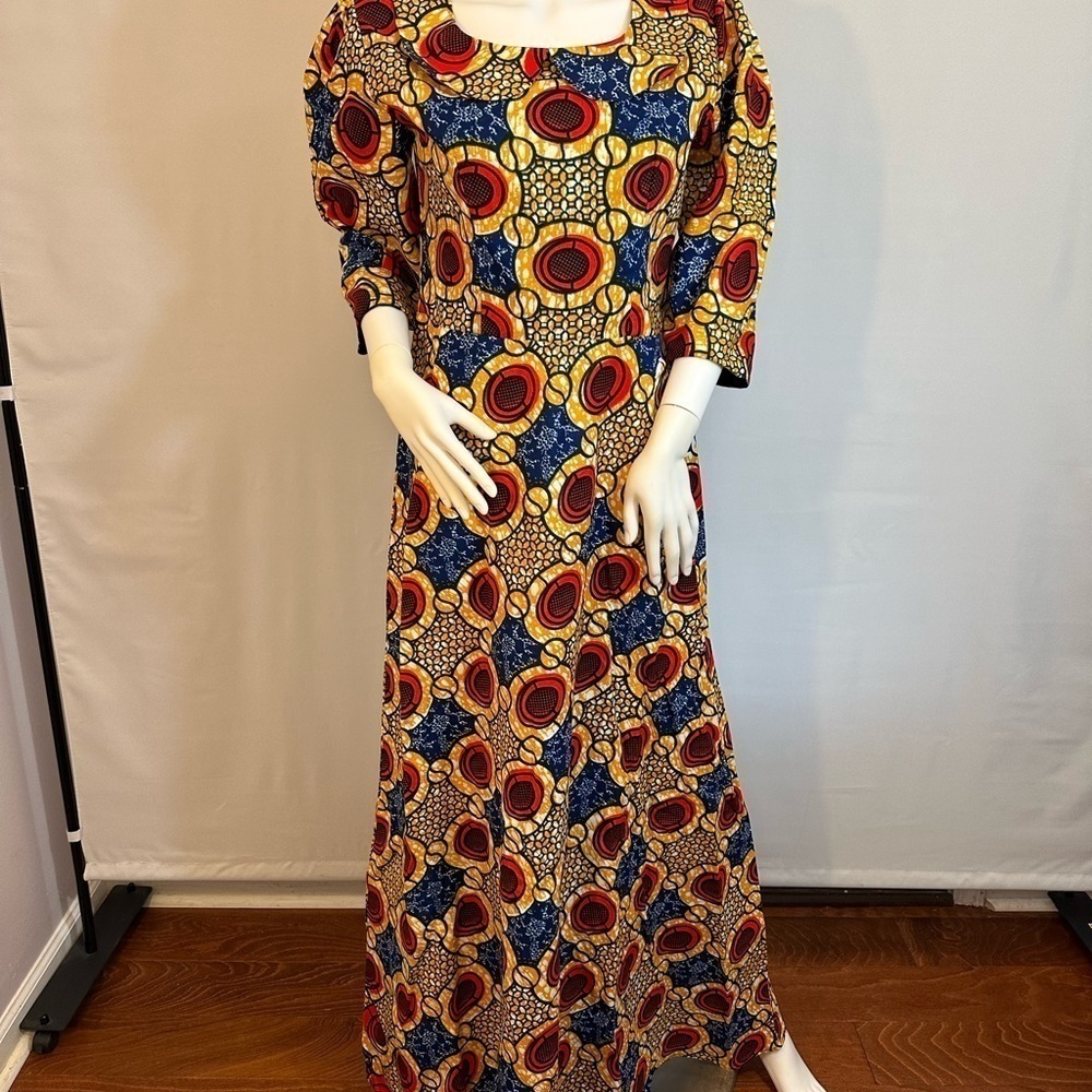 African Akara Womens Maxi Dress Long Fit Flared 3/4 Sleeves Back Zipper Lined